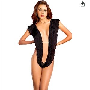 OhLaLaCheri Deep V Plunge One Piece Bodysuit Teddy Lingerie w/ Bow & Rhinestones